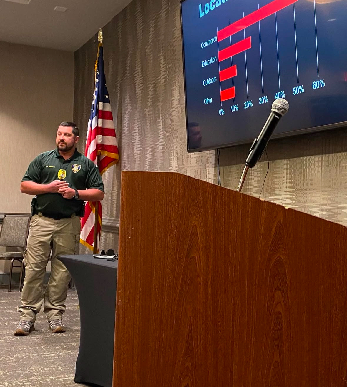 Law enforcement instructor presenting active assailant response statistics and training data